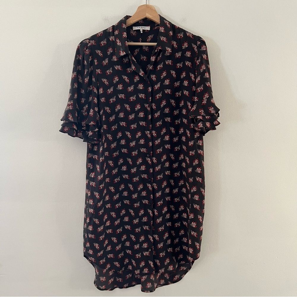Frame Silk Dress Floral Ruffle Sleeves High Low Black Size Large Whimsigoth
